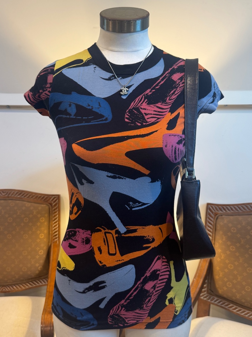 Vintage Y2K Black Multicolor Sexy Abstract High Heels Shoes Graphic Tee Cotton S